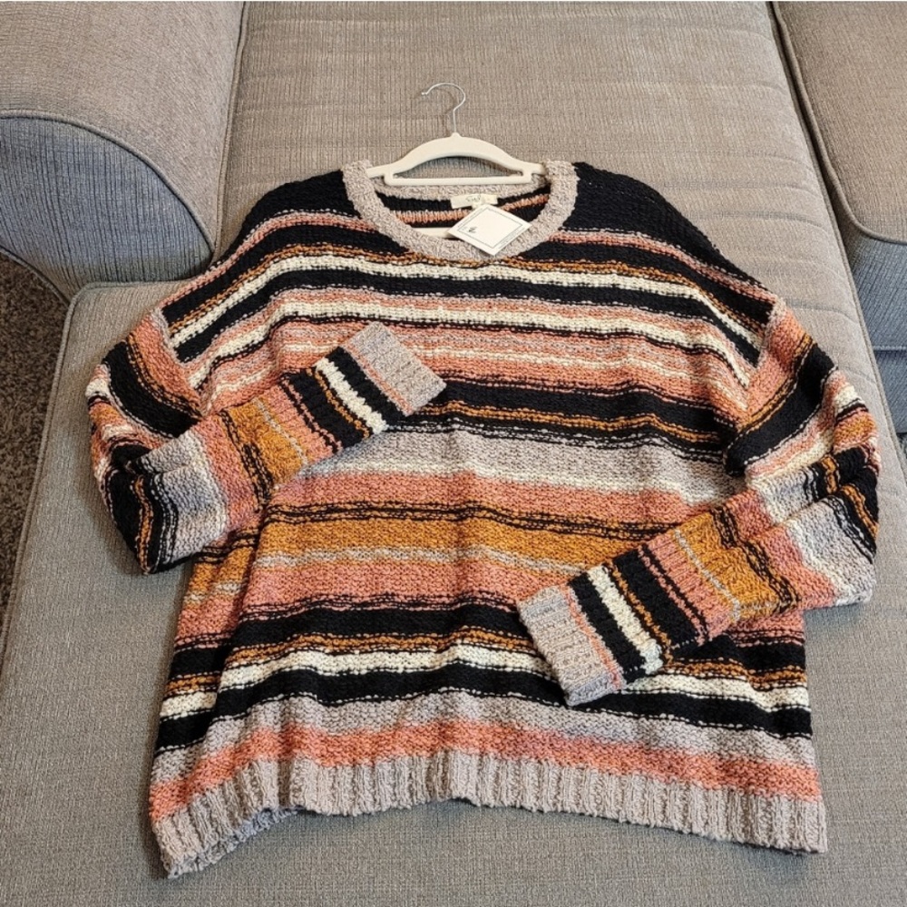 Easel Black Orange Pink Striped Boho Knit Oversized Sweater Size Medium